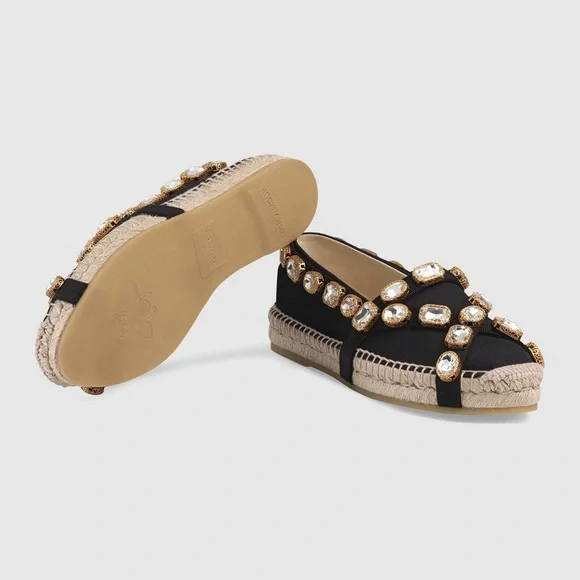 Authentic Gucci Black and Gold Canvas Espadrilles with Crystal Embellishments